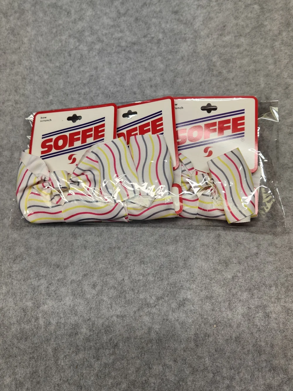 3 Pack-Soffe Striped Bow Scrunch - White with Pink, Yellow & Blue Stripes